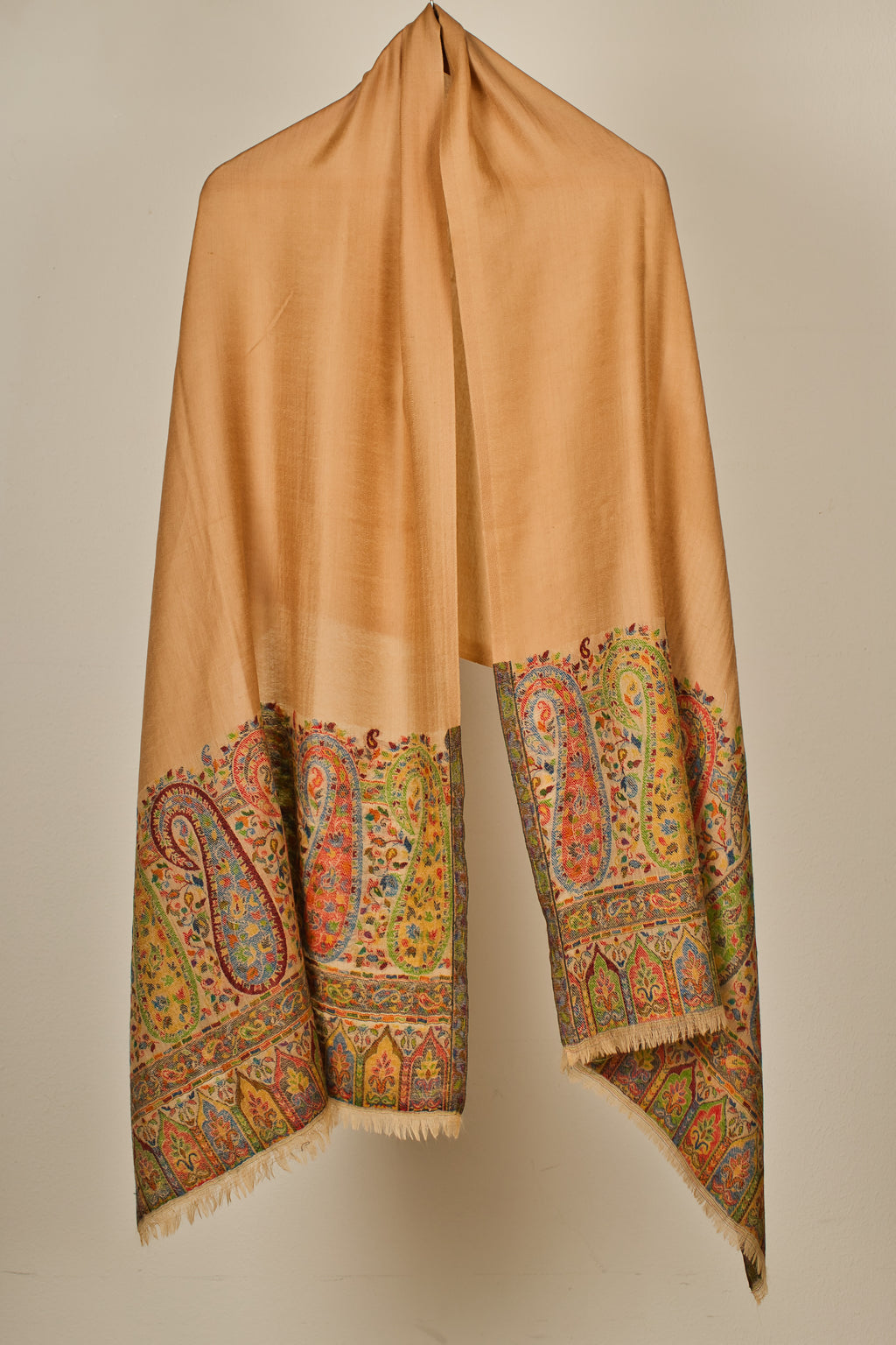 Handwoven Pashmina Stole from 100% Pure Wool, Beige Paisley Palla, Woolmark Certified
