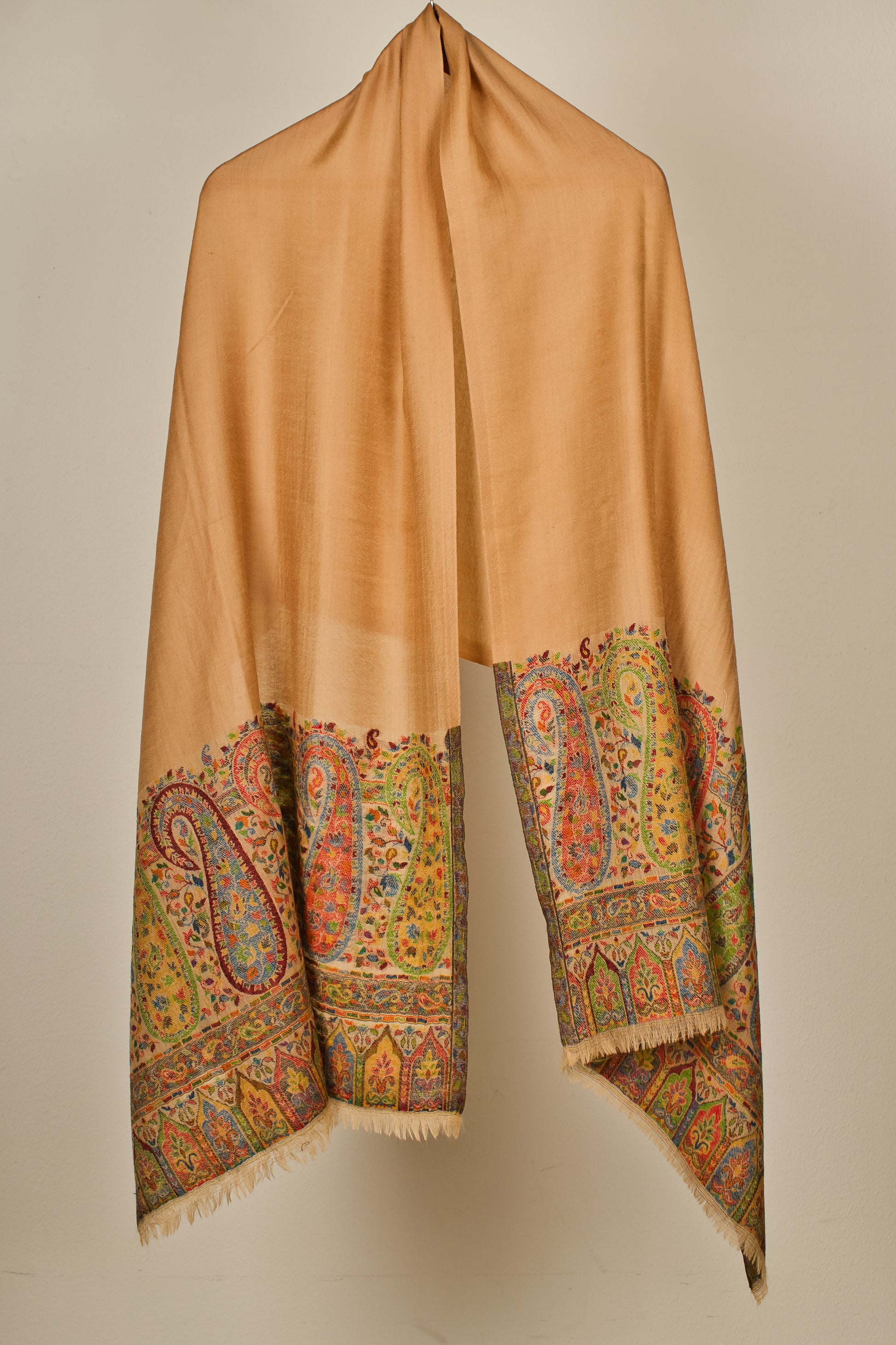 Handwoven Pashmina Stole from 100% Pure Wool, Beige Paisley Palla, Woolmark Certified