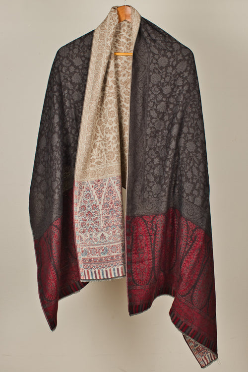 Cashmere Wool Reversible Pashmina Shawl with Red, Black, Beige Shades