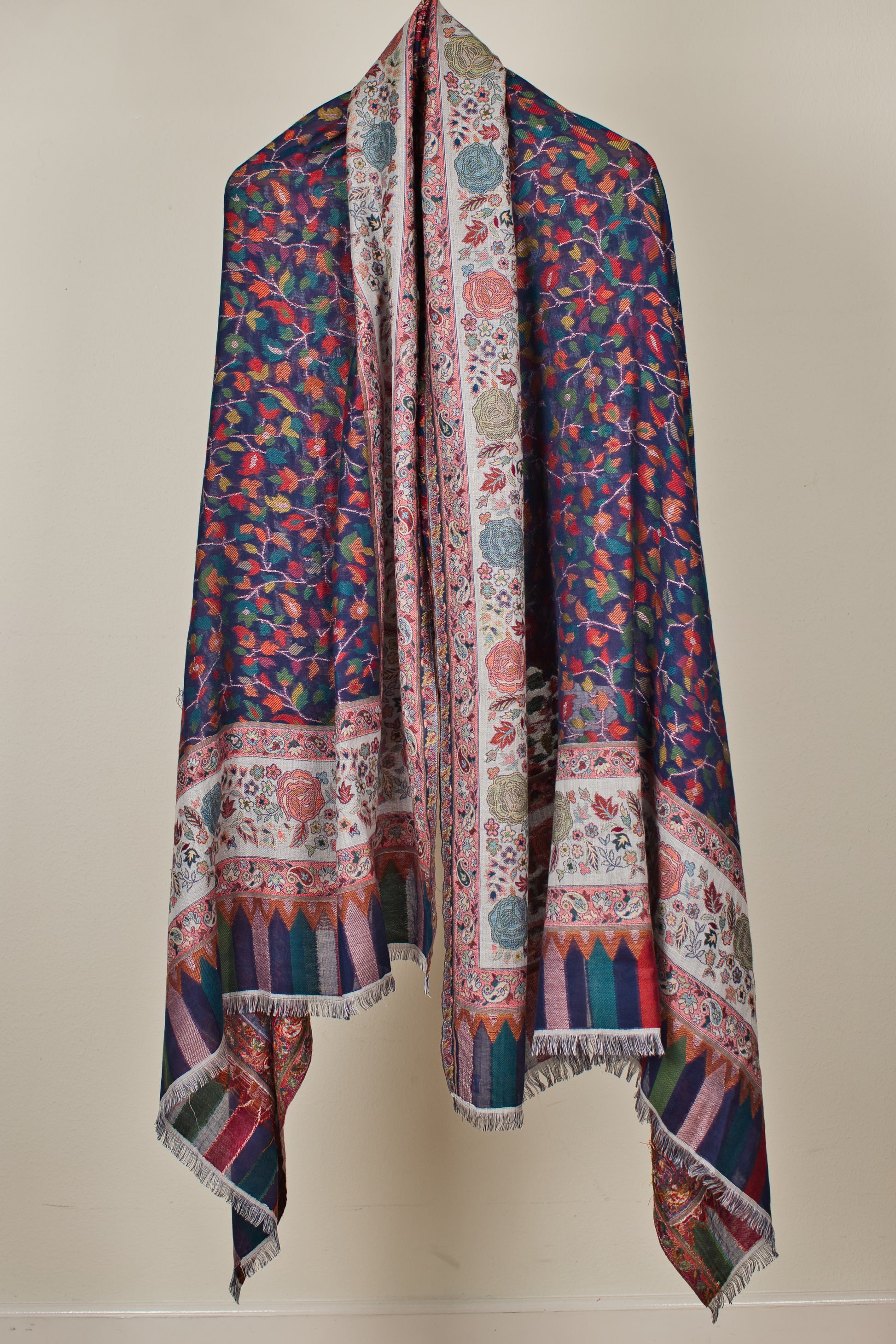 Extra Soft Wool Pashmina Shawl with Navy Blue Paisley Weave Design