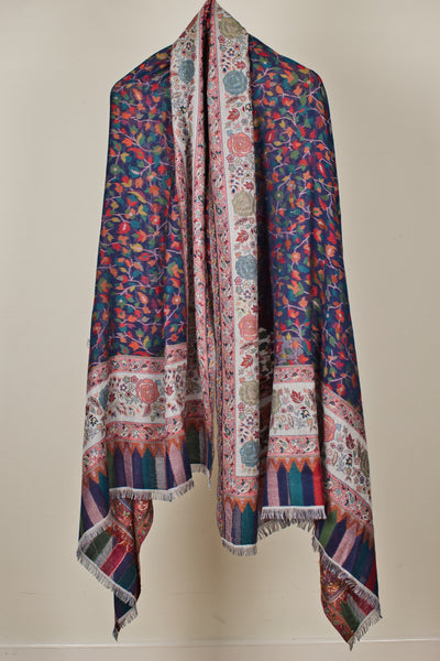 Extra Soft Wool Pashmina Shawl with Navy Blue Paisley Weave Design