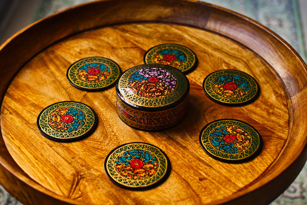 Set of 6 Handcrafted Kashmiri Papier Mâché Coasters: Flower Boho Decor