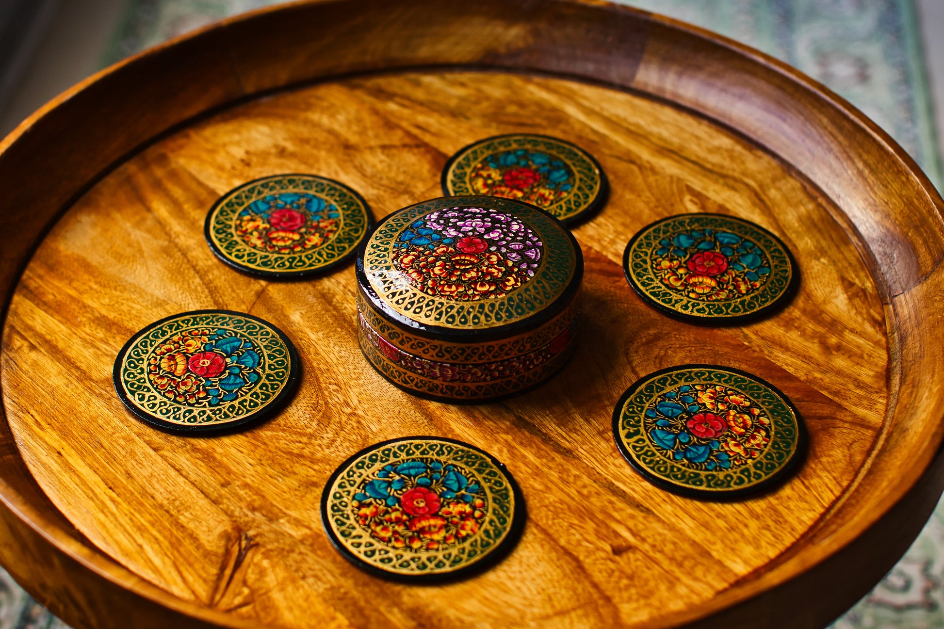 Set of 6 Handcrafted Kashmiri Papier Mâché Coasters: Flower Boho Decor