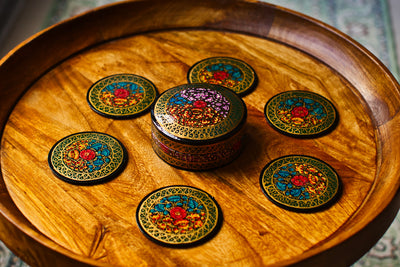 Set of 6 Handcrafted Kashmiri Papier Mâché Coasters: Flower Boho Decor