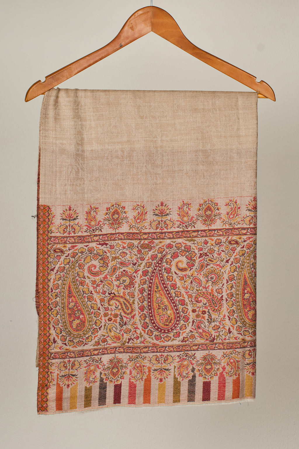 Woven Elegance: 100% Cashmere Pashmina Shawl with Ethnic Weave in Natural Beige