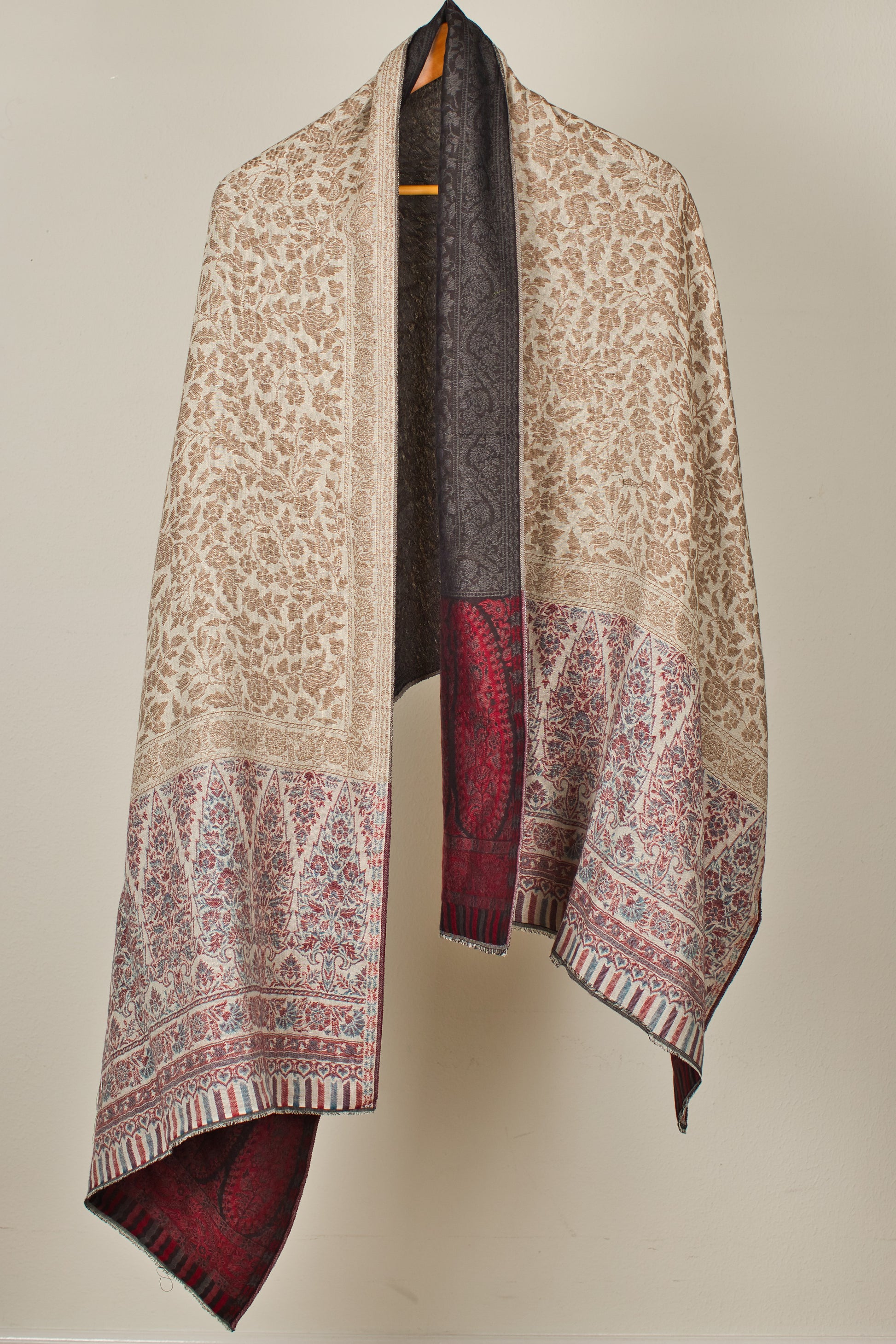 Cashmere Wool Reversible Pashmina Shawl with Red, Black, Beige Shades
