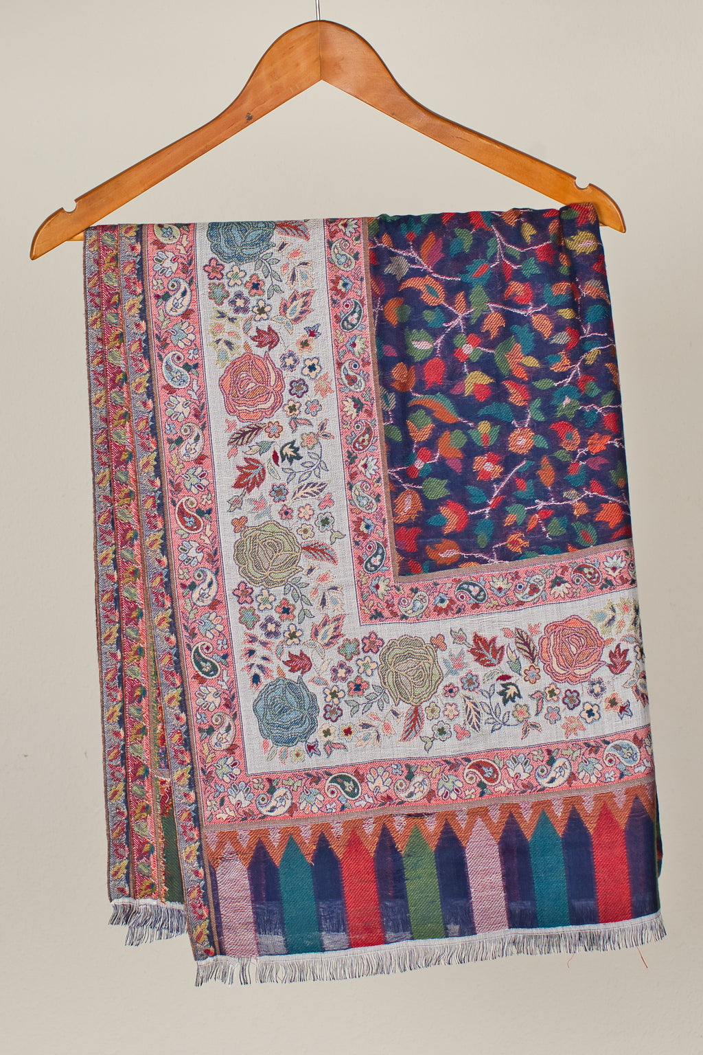 Extra Soft Wool Pashmina Shawl with Navy Blue Paisley Weave Design