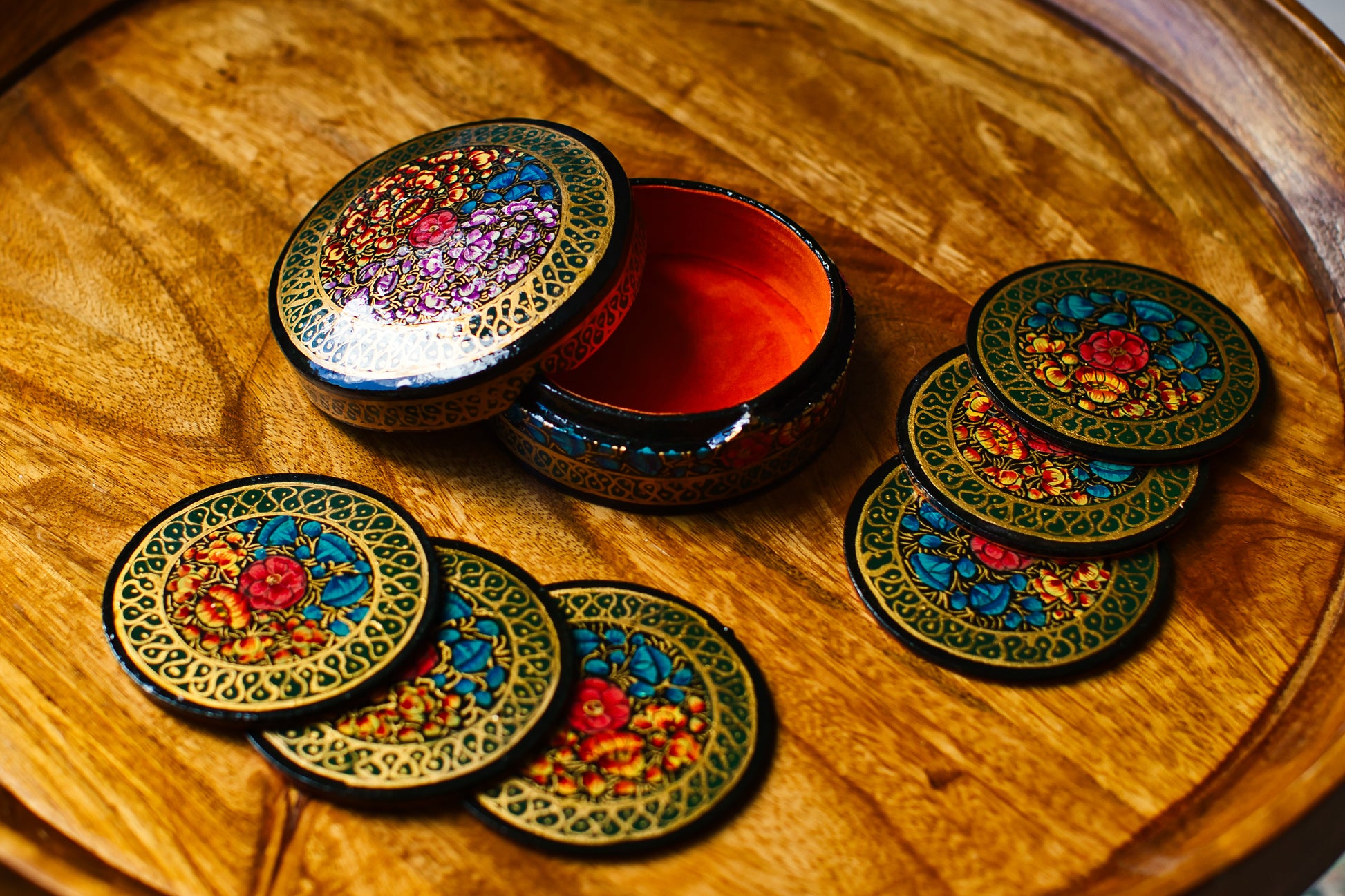 Set of 6 Handcrafted Kashmiri Papier Mâché Coasters: Flower Boho Decor