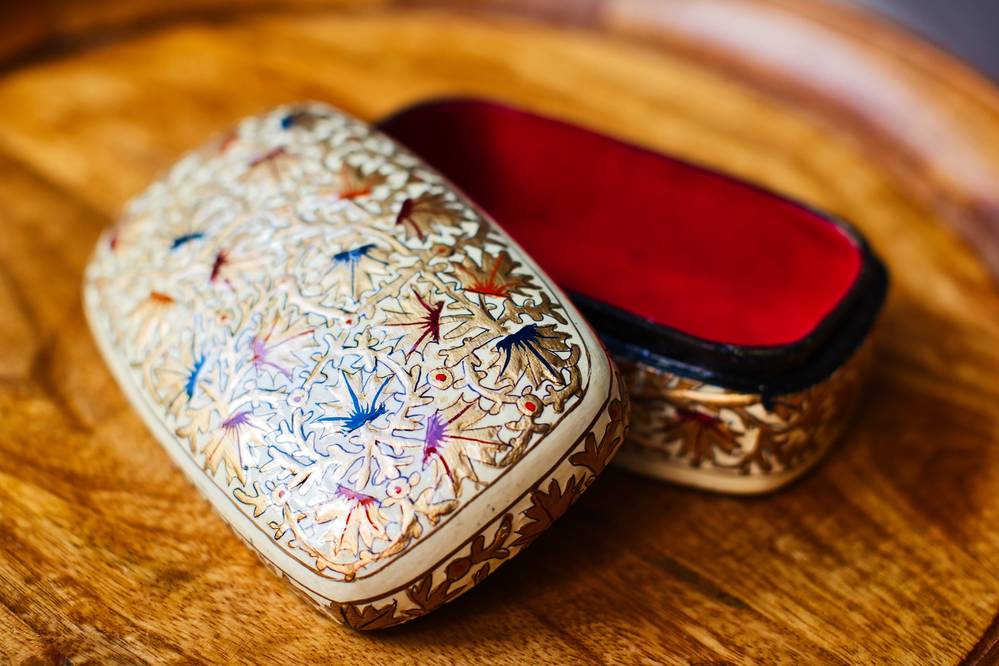 Hand-Painted Kashmiri Papier Mâché Jewelry Storage Box.