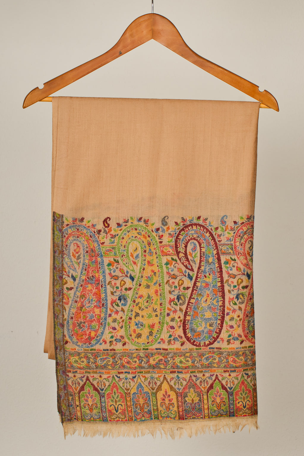 Handwoven Pashmina Stole from 100% Pure Wool, Beige Paisley Palla, Woolmark Certified