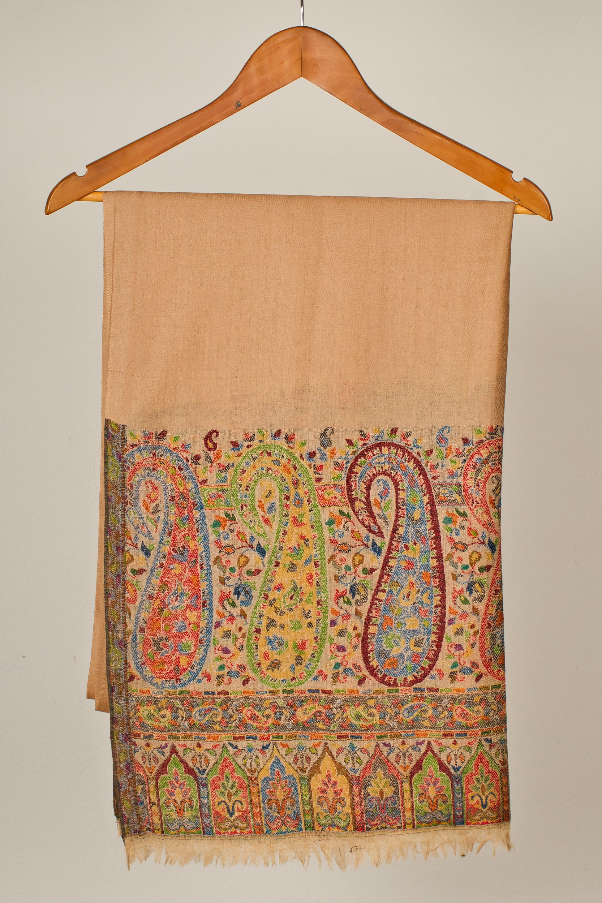 Handwoven Pashmina Stole from 100% Pure Wool, Beige Paisley Palla, Woolmark Certified