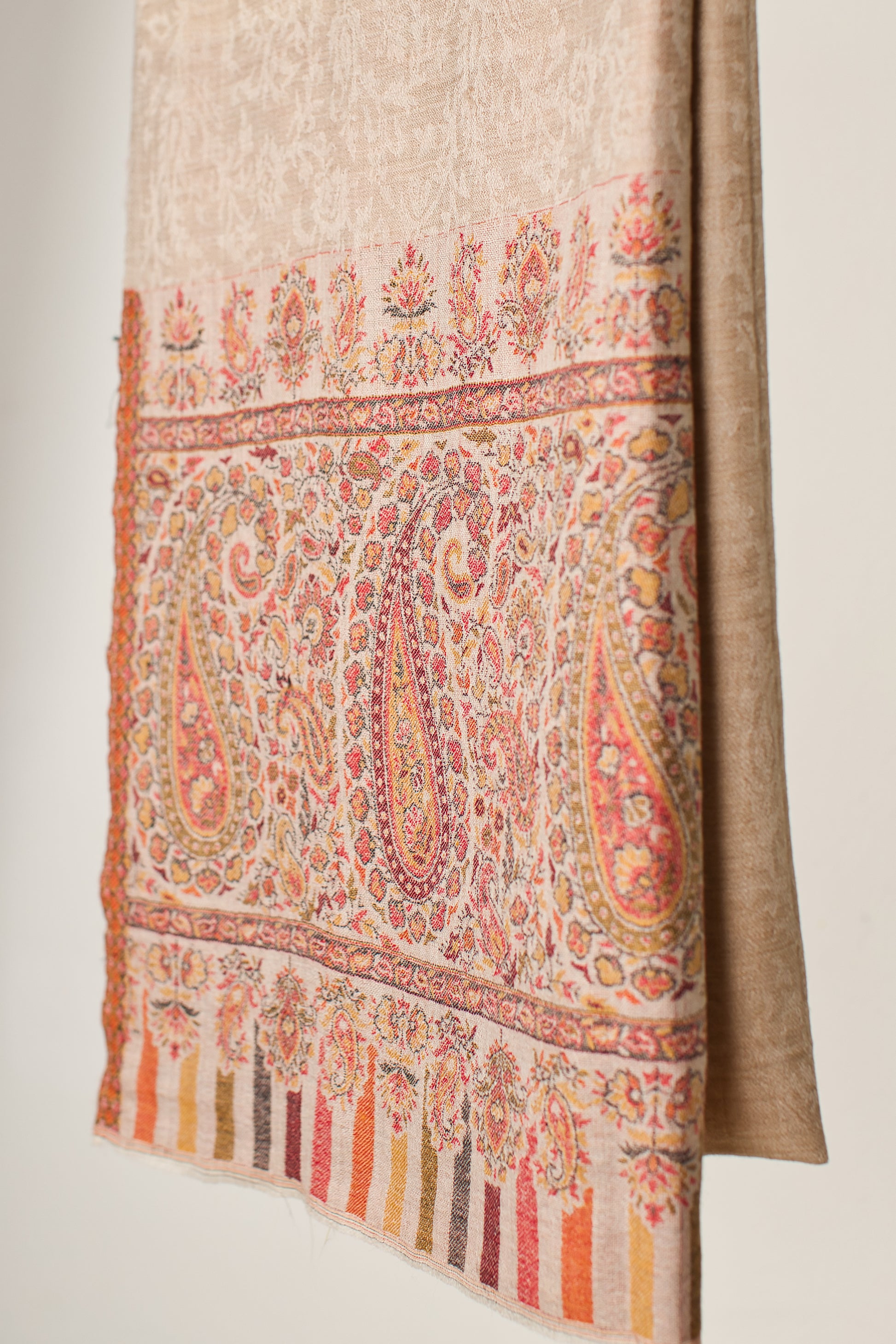 Woven Elegance: 100% Cashmere Pashmina Shawl with Ethnic Weave in Natural Beige