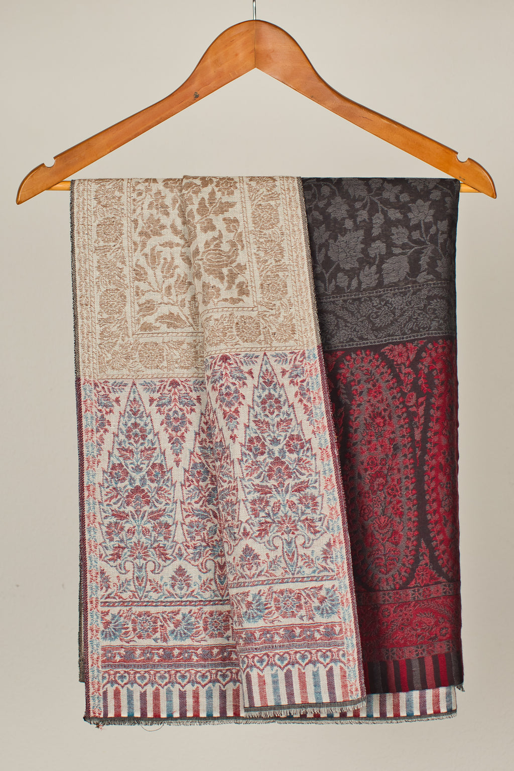 Cashmere Wool Reversible Pashmina Shawl with Red, Black, Beige Shades