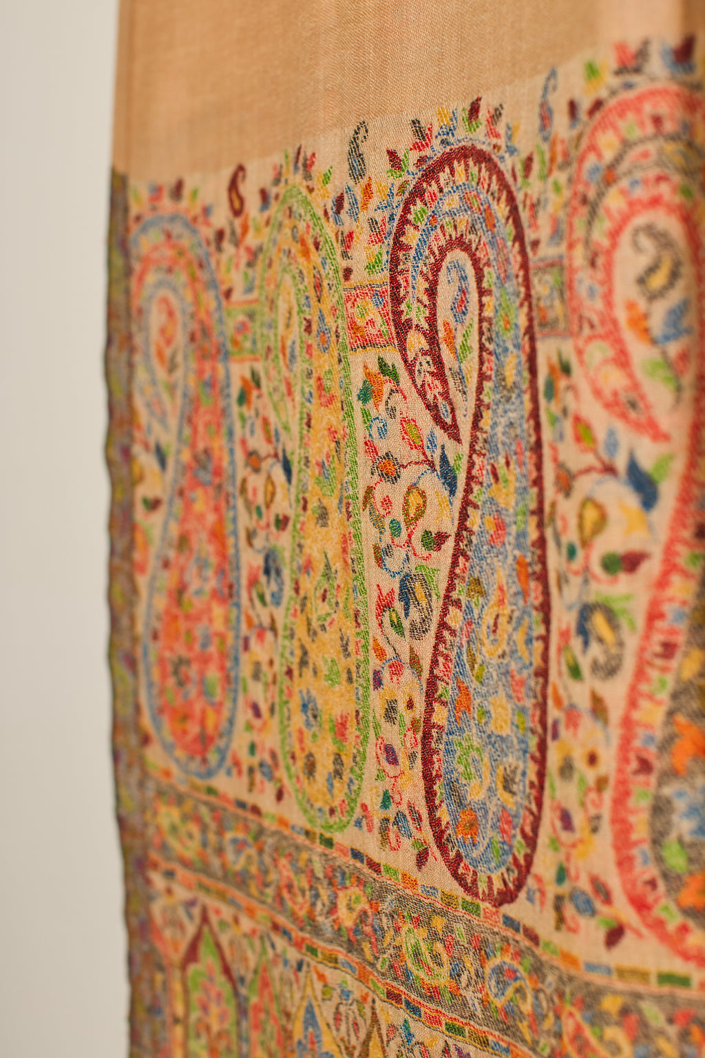 Handwoven Pashmina Stole from 100% Pure Wool, Beige Paisley Palla, Woolmark Certified