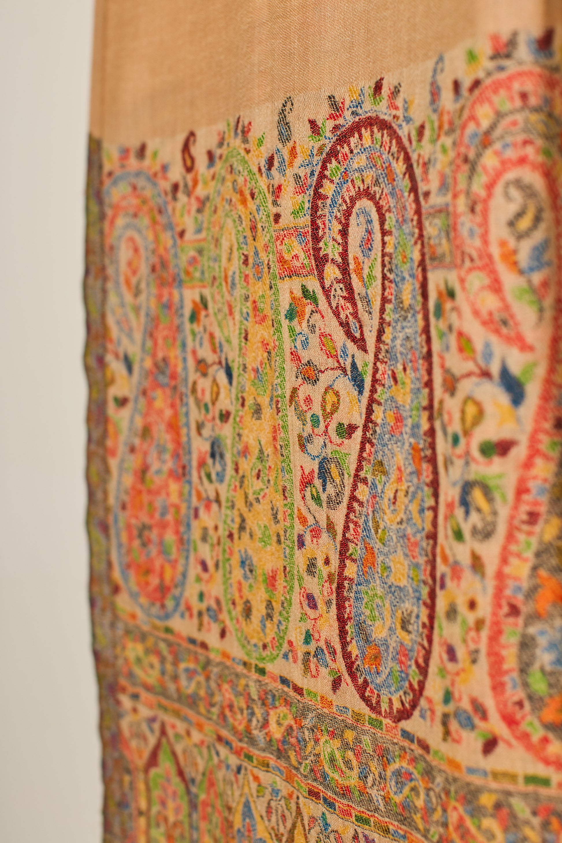 Handwoven Pashmina Stole from 100% Pure Wool, Beige Paisley Palla, Woolmark Certified