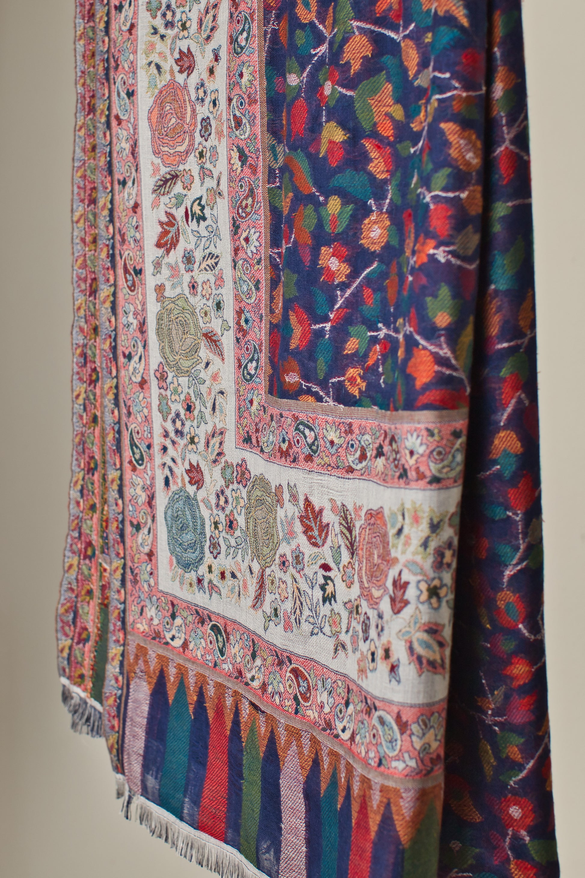 Extra Soft Wool Pashmina Shawl with Navy Blue Paisley Weave Design