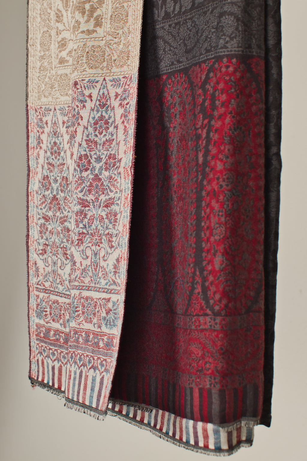 Cashmere Wool Reversible Pashmina Shawl with Red, Black, Beige Shades