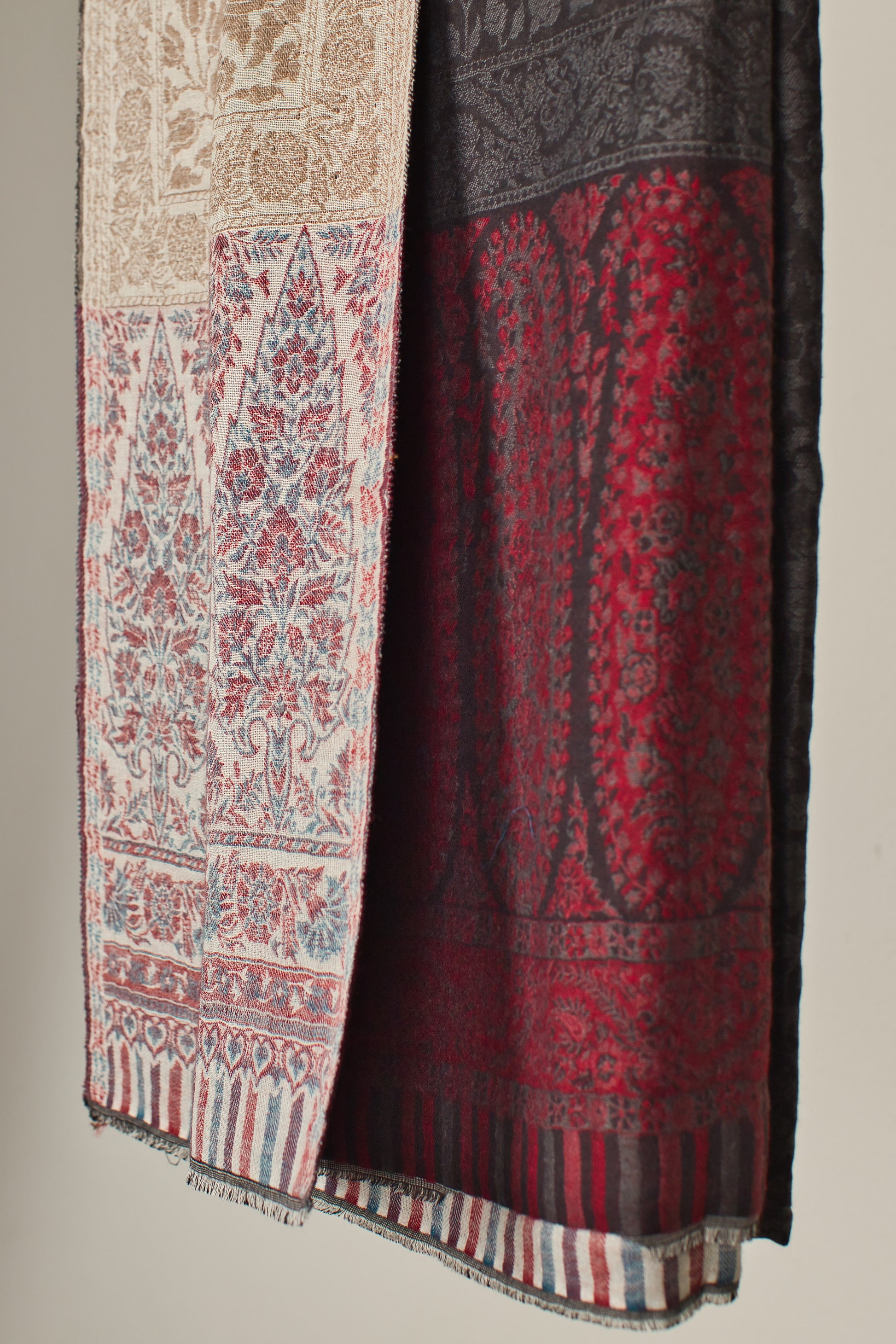 Cashmere Wool Reversible Pashmina Shawl with Red, Black, Beige Shades