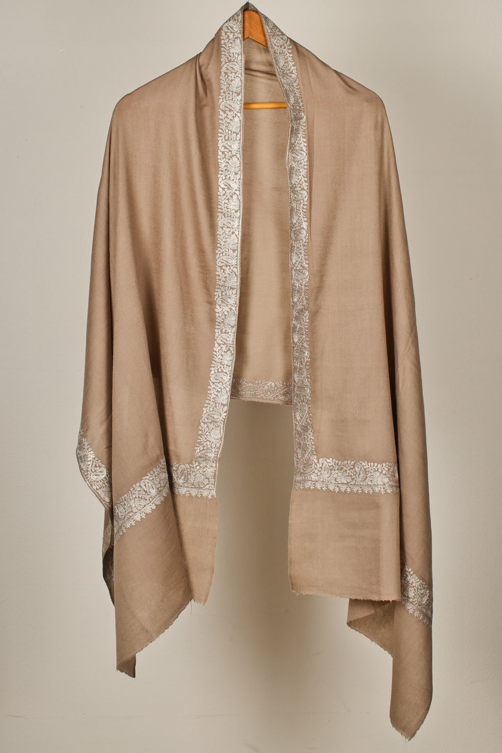 Handwoven Pashmina Shawl from 100% Pure Wool, Beige with Silver Thread Embroidery.