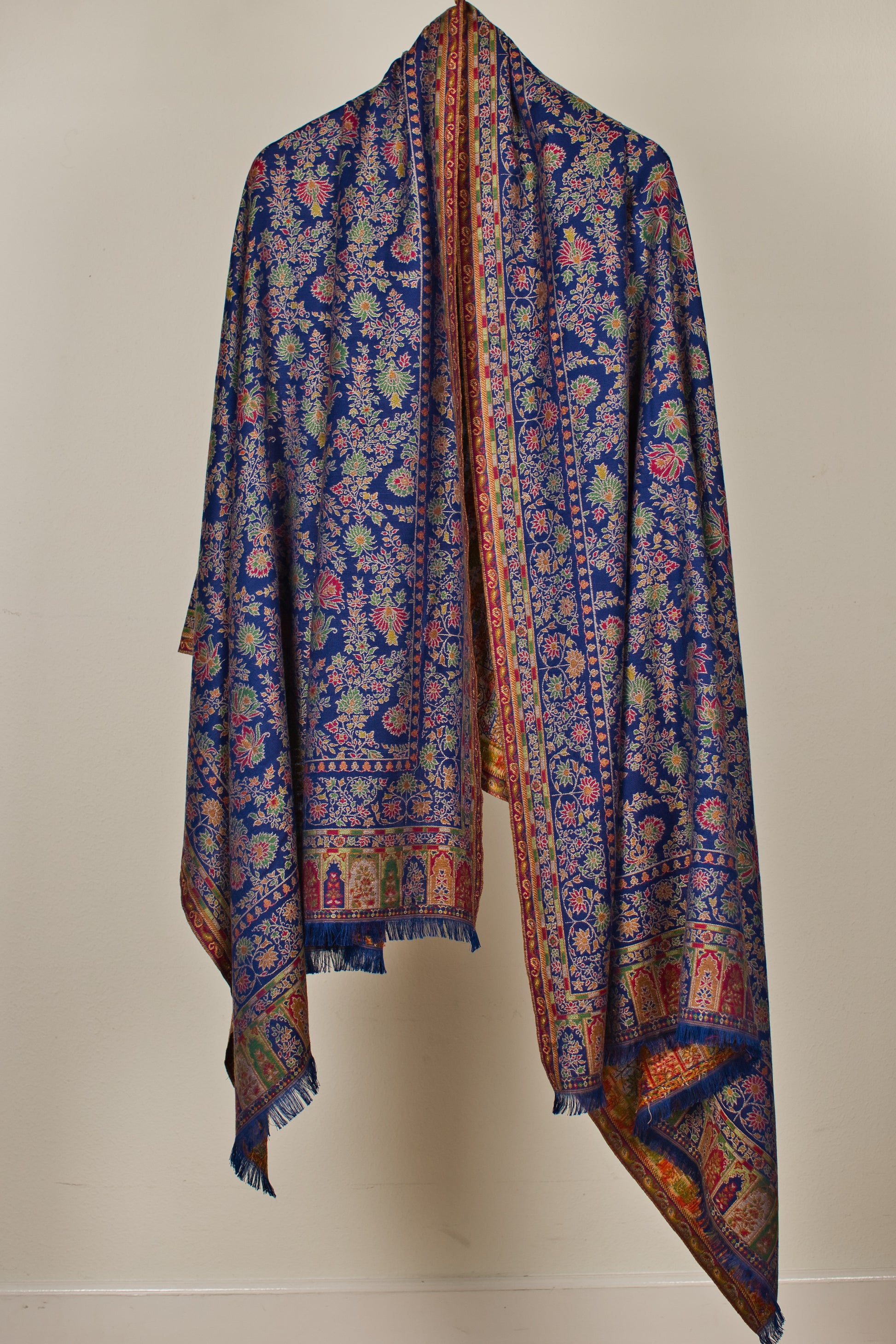 Extra Soft Wool Pashmina Ethnic Weave Shawl with Navy Blue