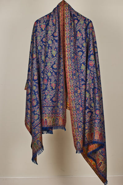 Extra Soft Wool Pashmina Ethnic Weave Shawl with Navy Blue