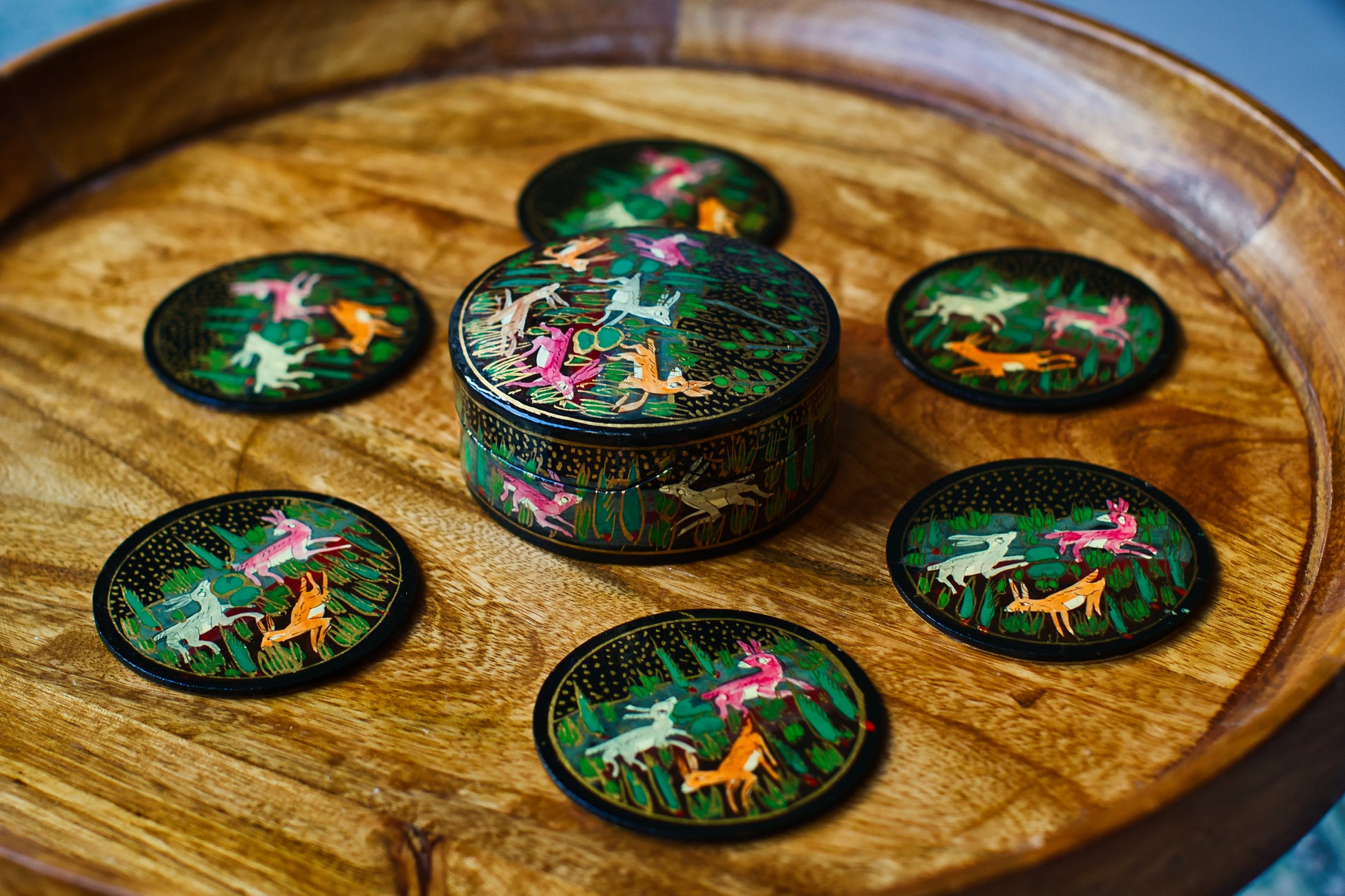 Set of 6 Handcrafted Kashmiri Papier Mâché Coasters: Flower Boho Decor