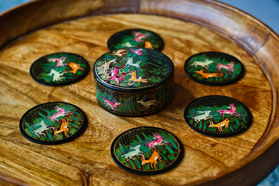 Set of 6 Handcrafted Kashmiri Papier Mâché Coasters: Flower Boho Decor