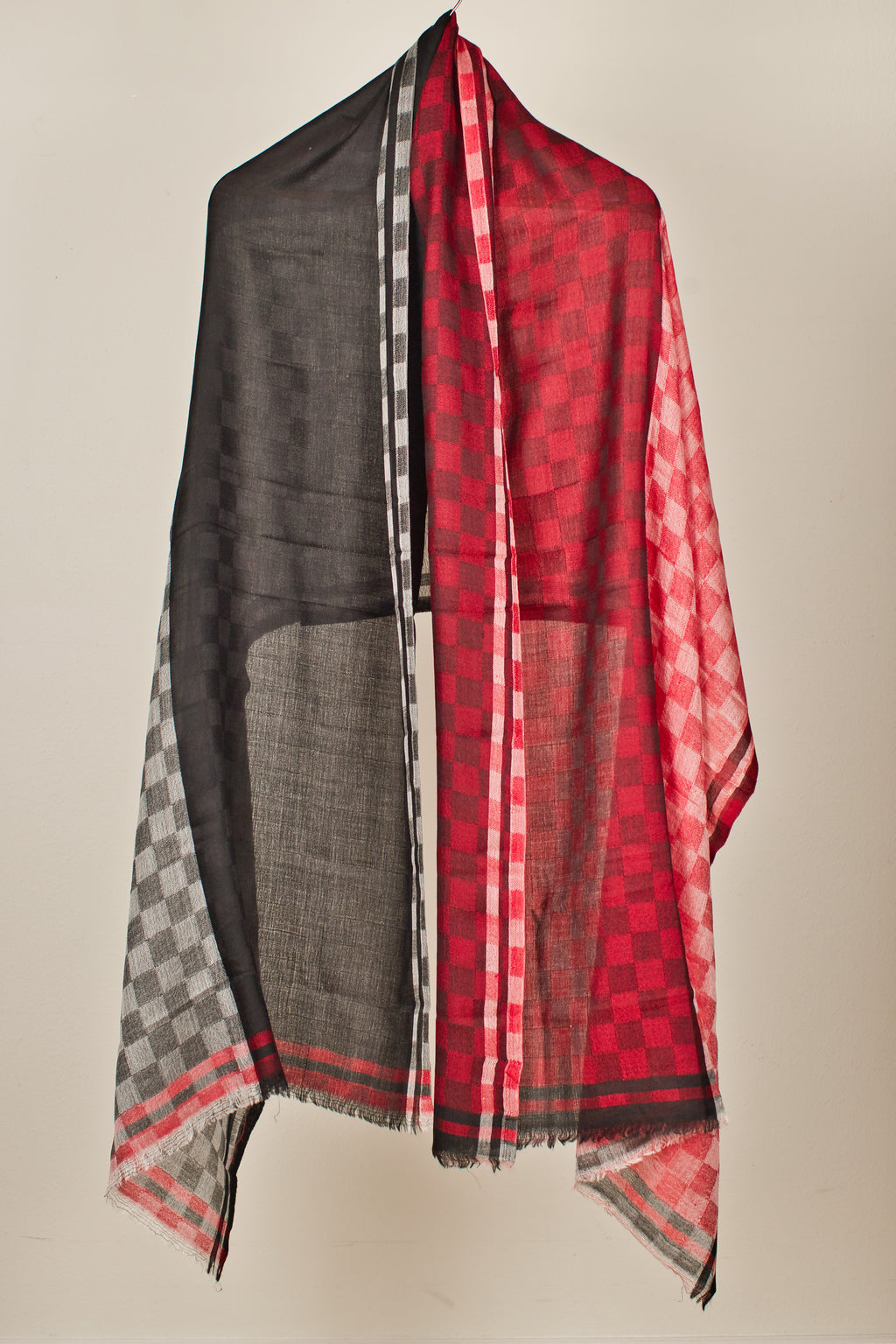 Silk Scarf – Checkered Red & Black with White Stripe Detail