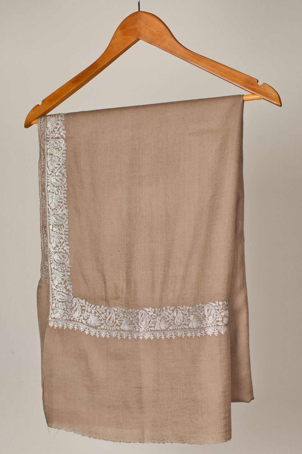 Handwoven Pashmina Shawl from 100% Pure Wool, Beige with Silver Thread Embroidery.