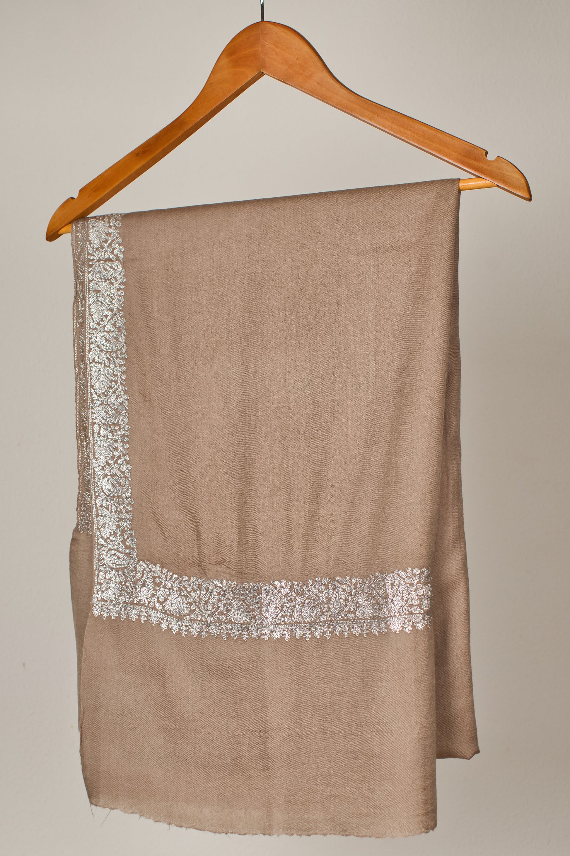 Handwoven Pashmina Shawl from 100% Pure Wool, Beige with Silver Thread Embroidery.