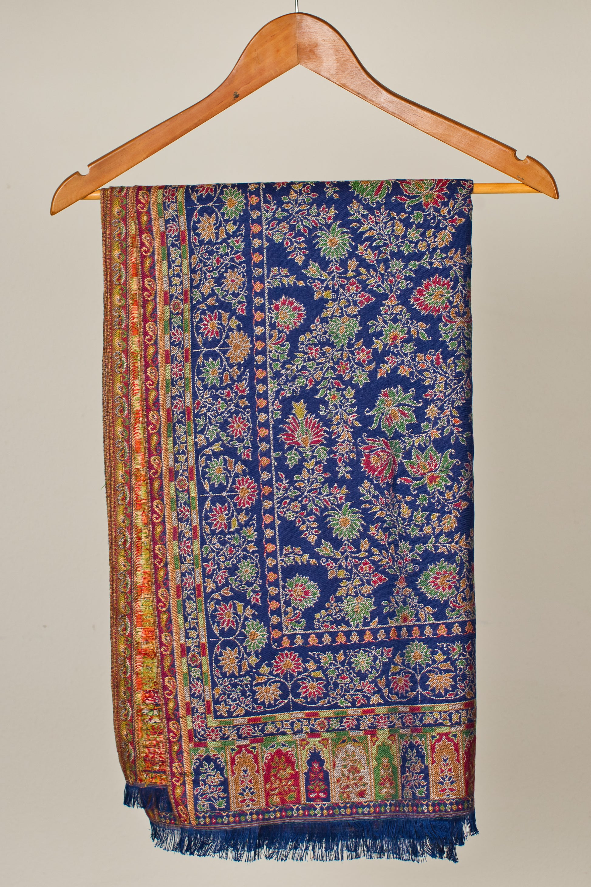 Extra Soft Wool Pashmina Ethnic Weave Shawl with Navy Blue