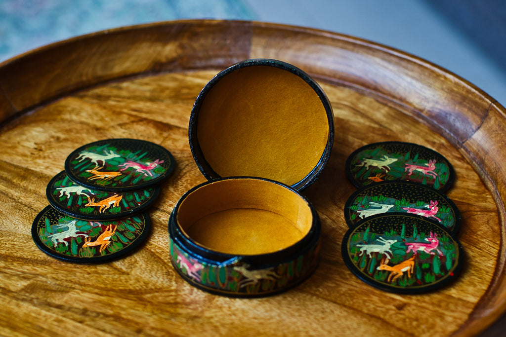 Set of 6 Handcrafted Kashmiri Papier Mâché Coasters: Flower Boho Decor