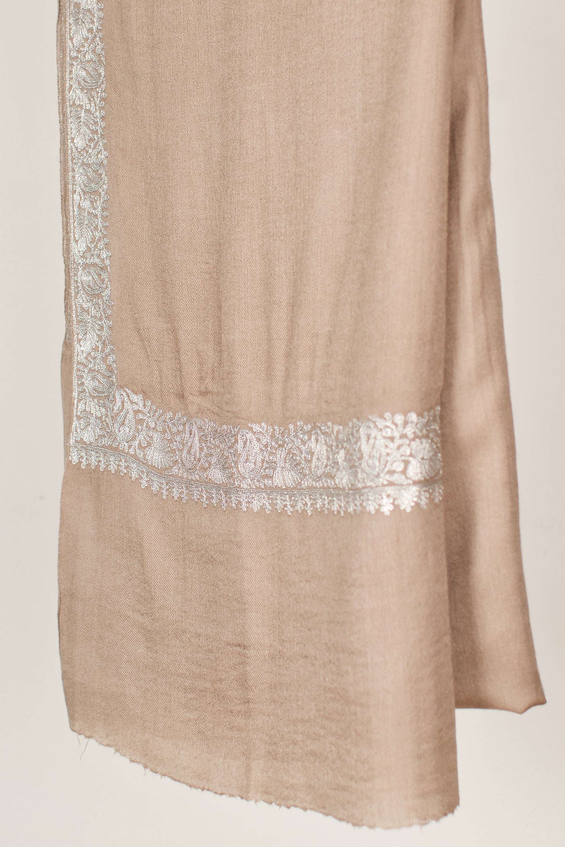 Handwoven Pashmina Shawl from 100% Pure Wool, Beige with Silver Thread Embroidery.