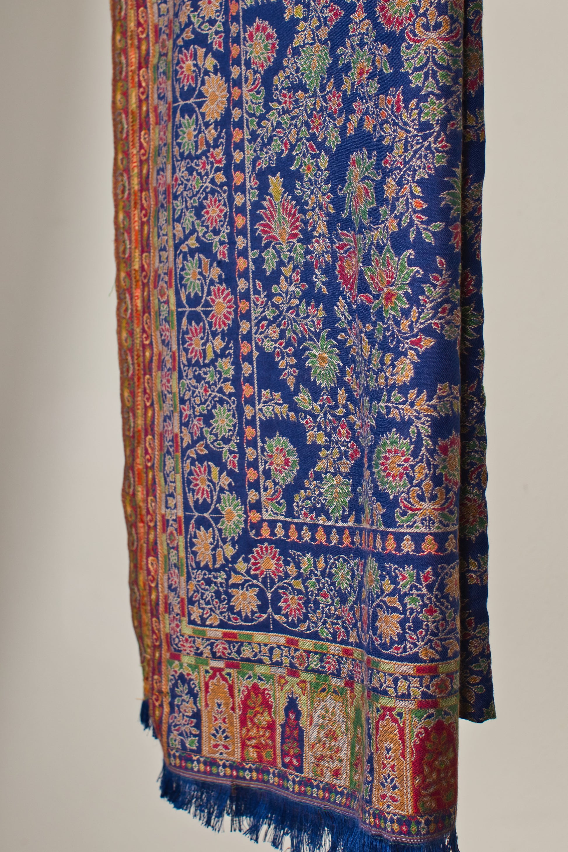 Extra Soft Wool Pashmina Ethnic Weave Shawl with Navy Blue