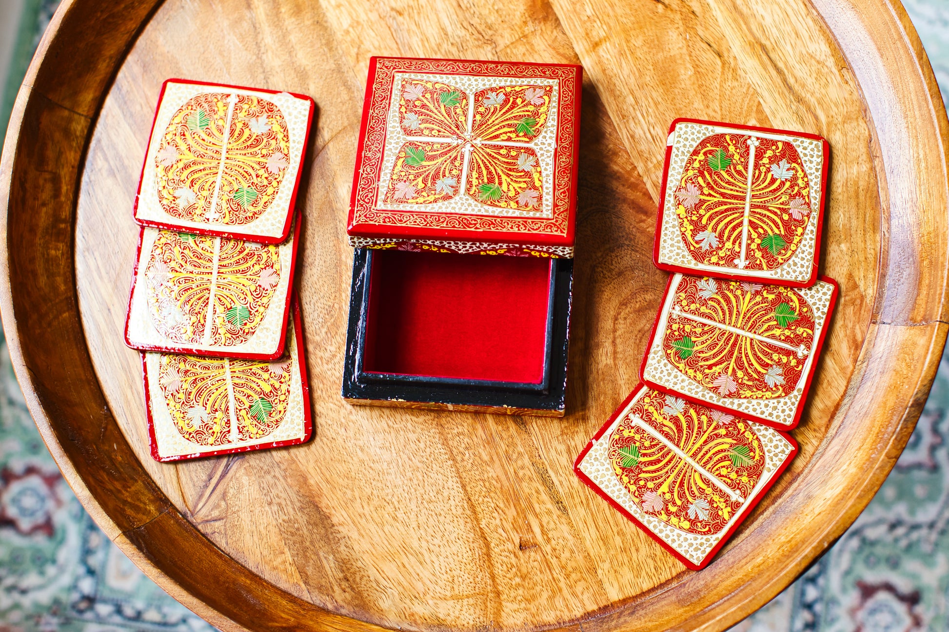 Set of 6 Handcrafted Kashmiri Papier Mâché Coasters: Flower Boho Decor