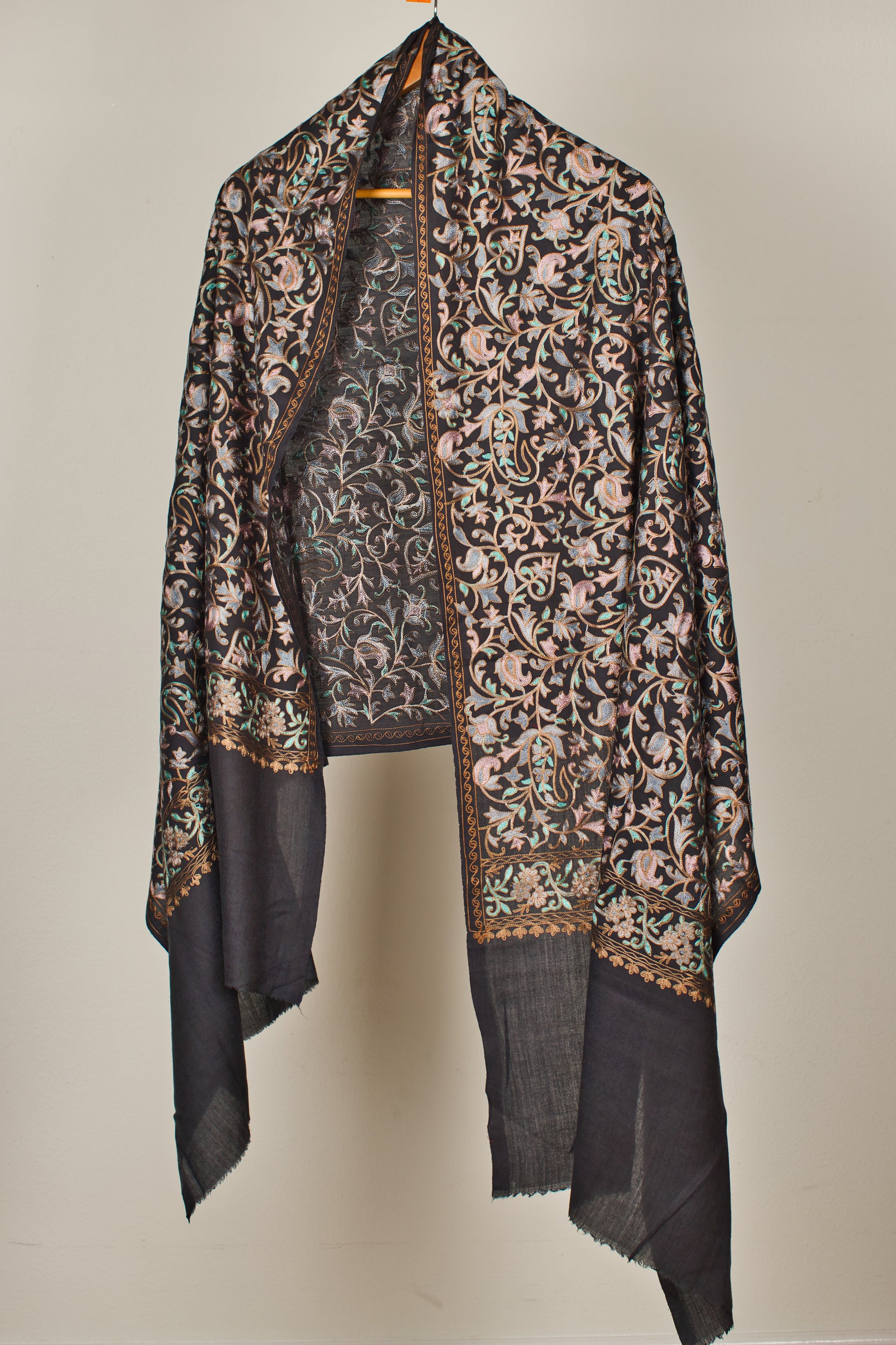 Fine Wool Fully Embroidered Pashmina Shawl- Elegant Partywear for Women