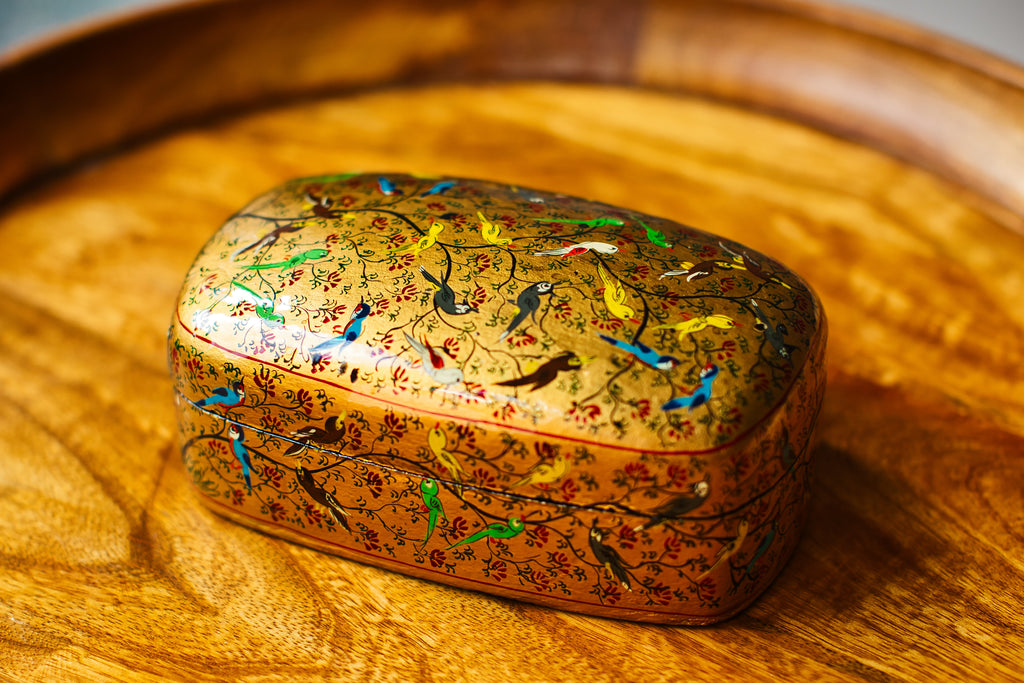 Hand-Painted Kashmiri Papier Mâché Jewelry Storage Box.