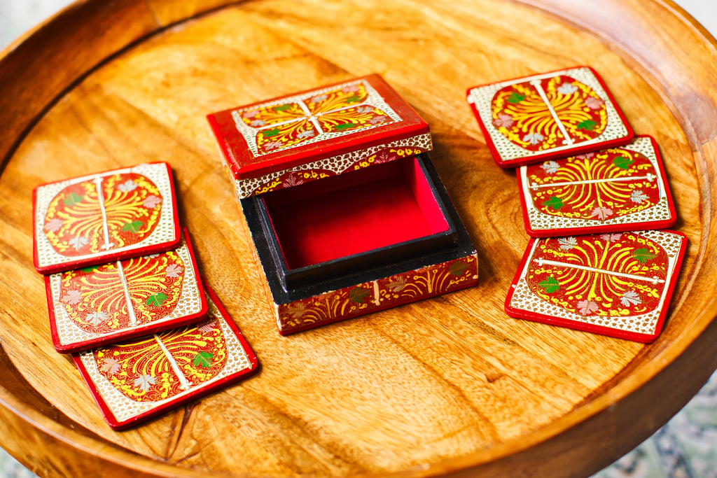 Set of 6 Handcrafted Kashmiri Papier Mâché Coasters: Flower Boho Decor