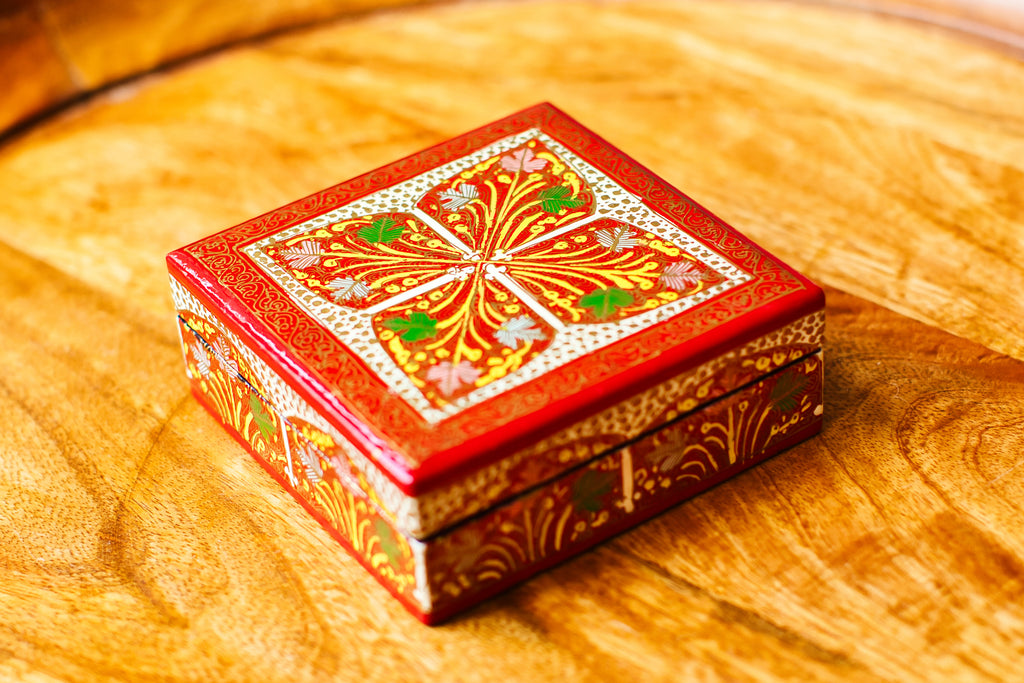 Set of 6 Handcrafted Kashmiri Papier Mâché Coasters: Flower Boho Decor