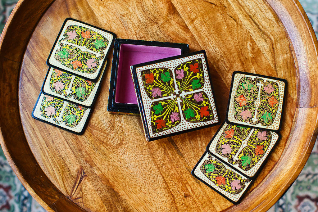 Set of 6 Handcrafted Kashmiri Papier Mâché Coasters: Flower Boho Decor