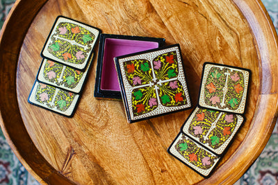 Set of 6 Handcrafted Kashmiri Papier Mâché Coasters: Flower Boho Decor