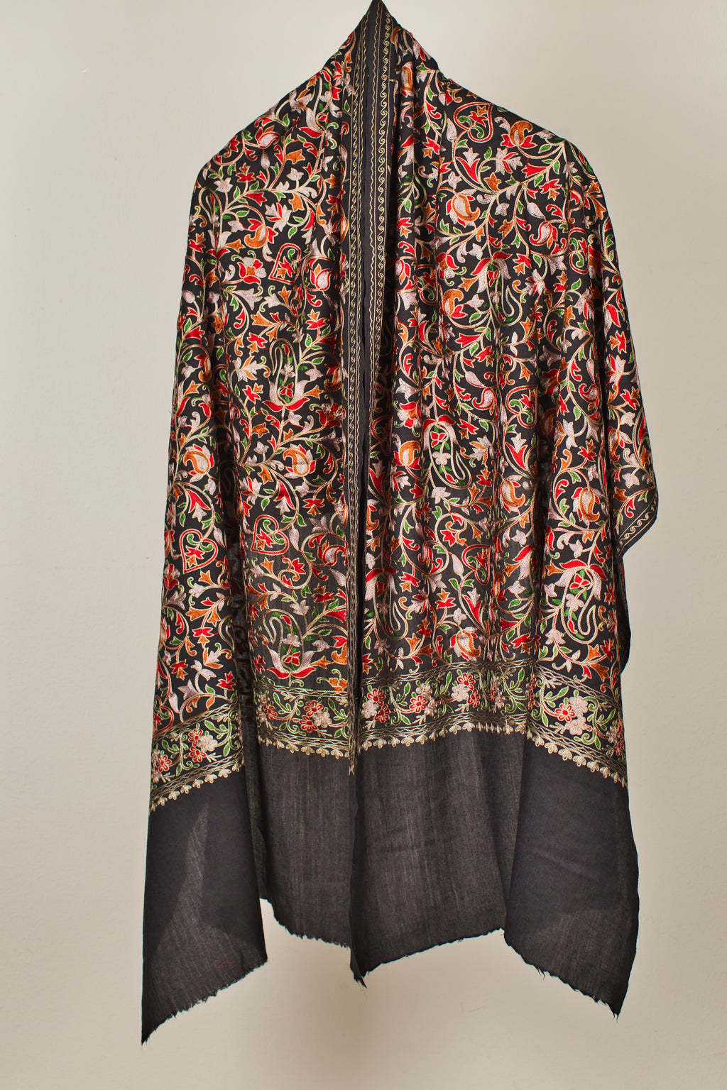 Fine Wool Embroidered Pashmina Shawl with Vibrant Floral on Black Base for Partwear