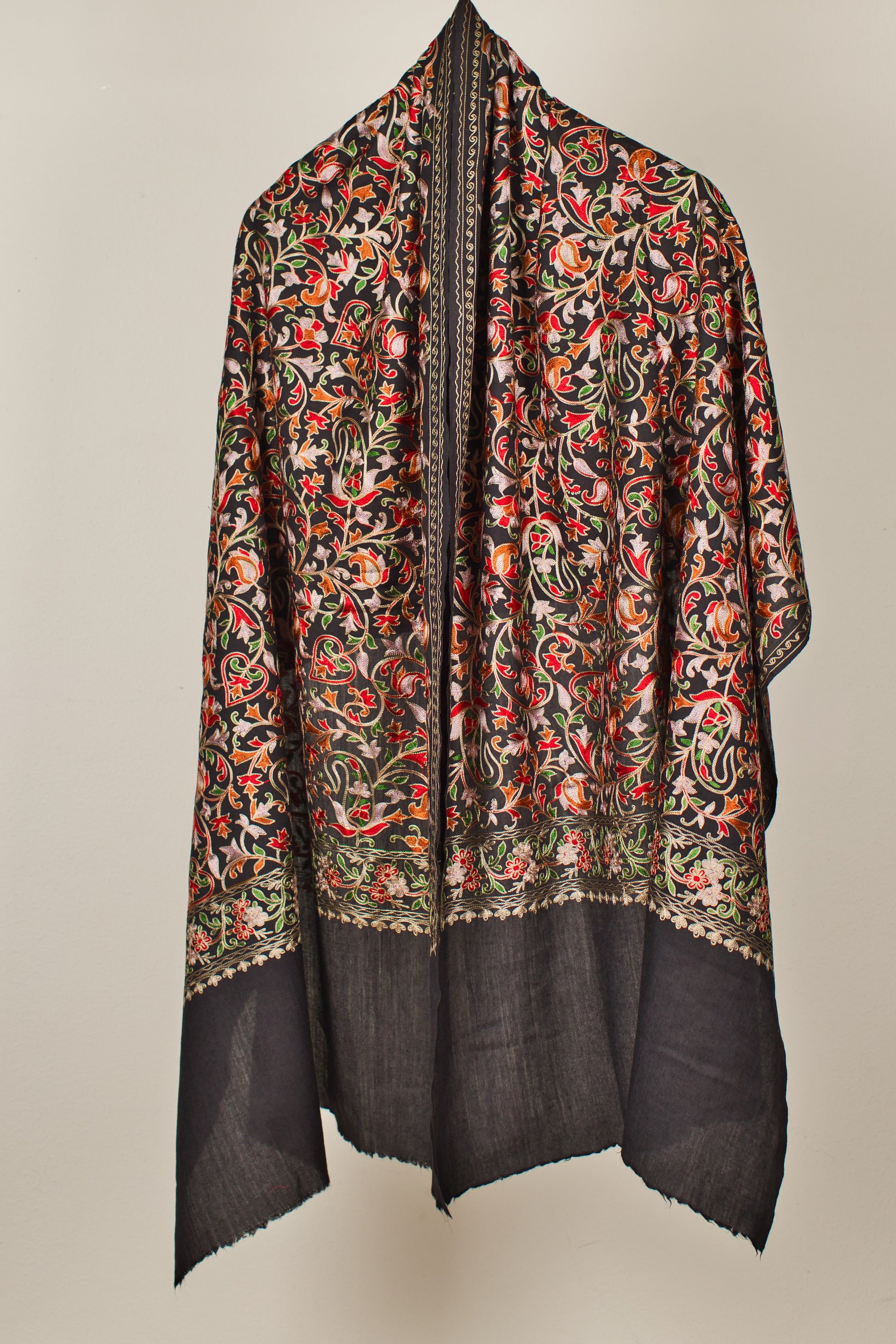 Fine Wool Embroidered Pashmina Shawl with Vibrant Floral on Black Base for Partwear