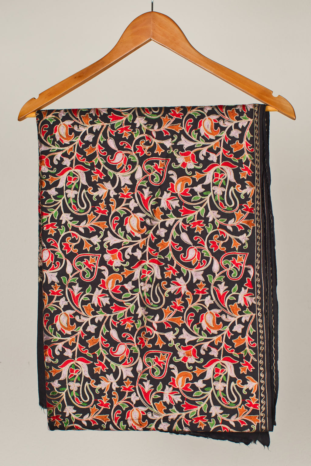 Fine Wool Embroidered Pashmina Shawl with Vibrant Floral on Black Base for Partwear