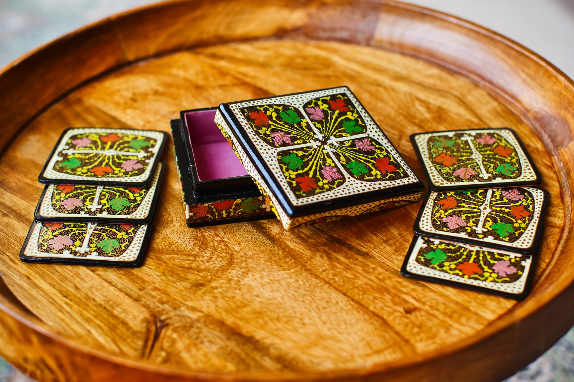 Set of 6 Handcrafted Kashmiri Papier Mâché Coasters: Flower Boho Decor