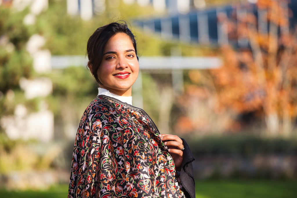 Fine Wool Embroidered Pashmina Shawl with Vibrant Floral on Black Base for Partwear