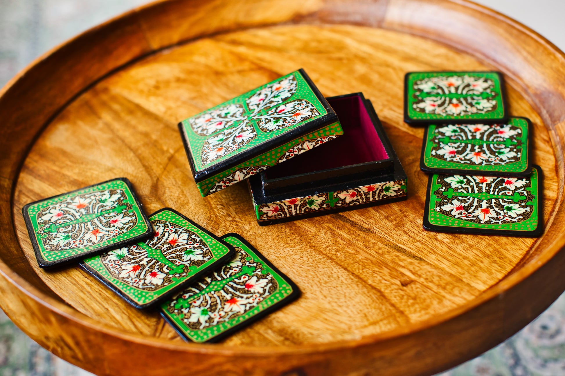 Set of 6 Handcrafted Kashmiri Papier Mâché Coasters: Flower Boho Decor