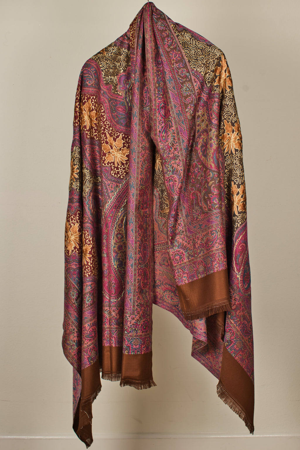 Faux Pashmina Shawl color  Brown with Intricate Aari Embroidery