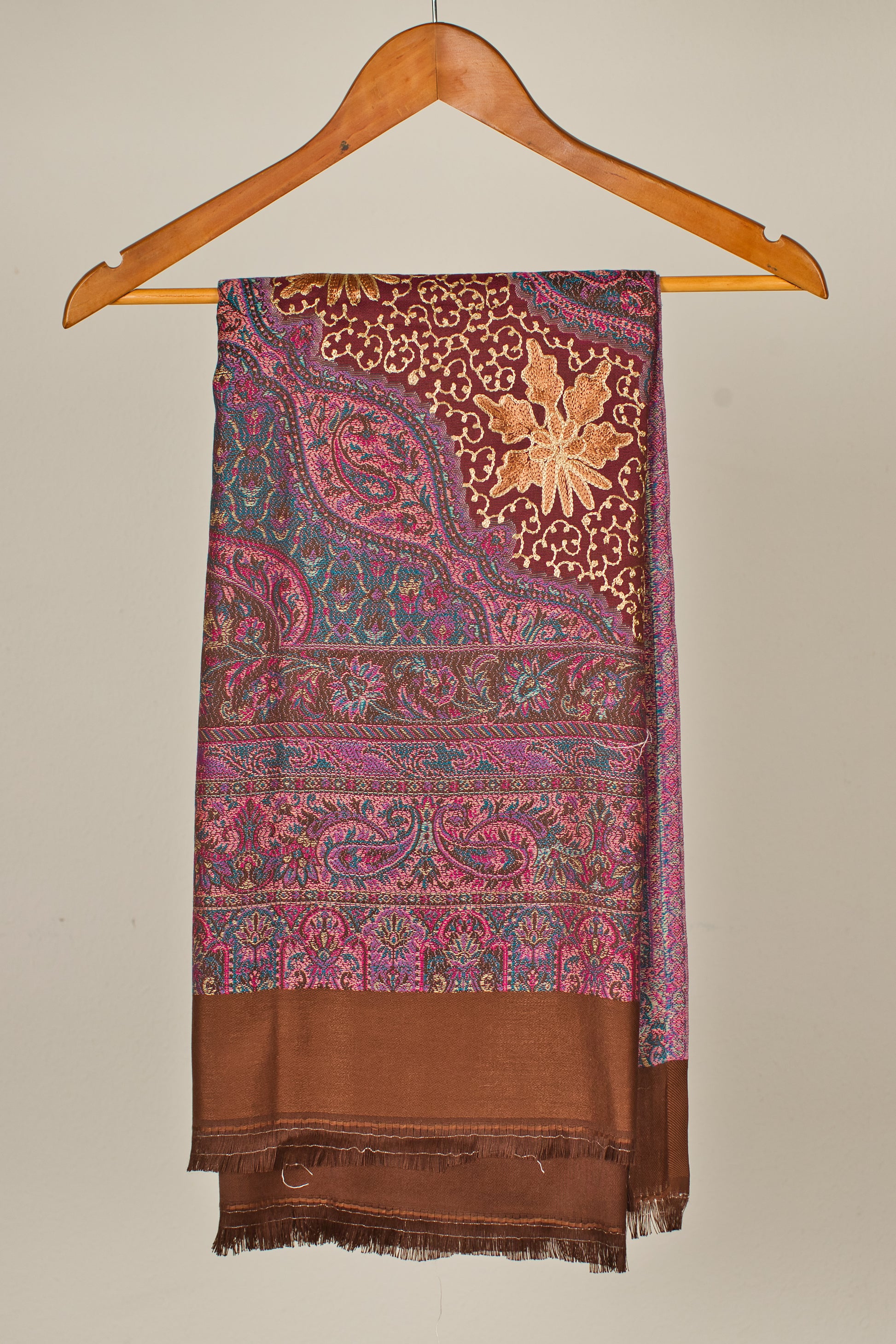 Faux Pashmina Shawl color  Brown with Intricate Aari Embroidery