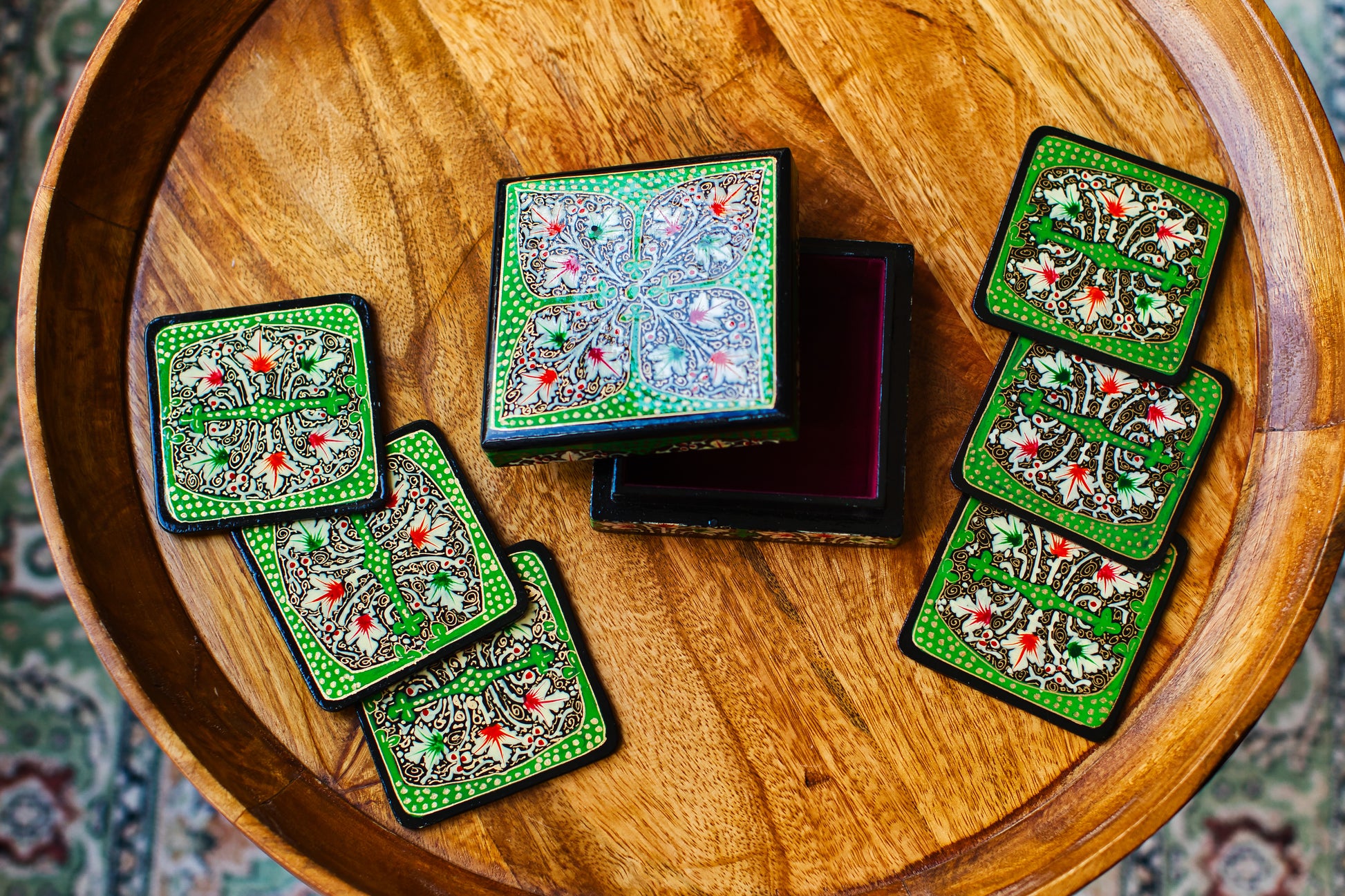 Set of 6 Handcrafted Kashmiri Papier Mâché Coasters: Flower Boho Decor